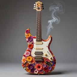high intricate detailed photo of a prs electric guitar covered in colorful flowers and smoke, golden ratio, rule of thirds, majestic, elegant, by lea leonowicz, by maks trofimov, by jenny brozek, by johannes wessmark