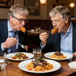 klaus schwab and bill gates at restaurant, eating very delicious fried grasshoppers and worms, served with pasta, ultra realistic