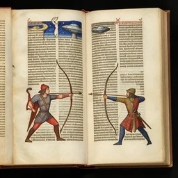 archers fight against ufo, photo of a 1 5 th century codex book, 8 k,