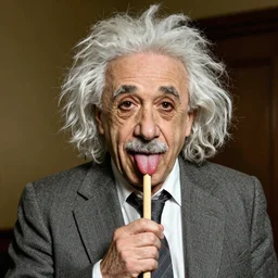 mr. bean as einstien in'einstein sticks his tongue out'photo