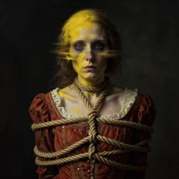dark schizophrenia portrait, death not dresses body yellow hear head woman in medieval dress, strangled with rope, blur effect face, victorian style, high detail