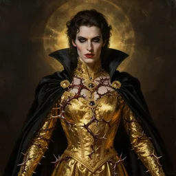 vampire in dark golden noble clothes, thorns around body, realistic painting, artstation, cinematic, dramatic lighting