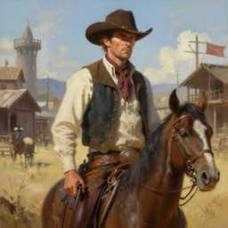 cowboy in an old western city, octane render, art by greg rutkowski, beautiful composition, trending on artstation, highly detailed oil painting, fantasy digital art