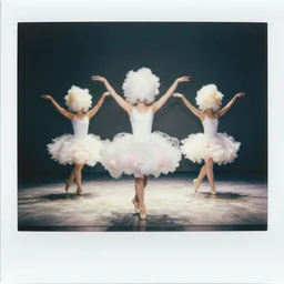 polaroid of headless dancers that are made from cotton candy, smoke and clouds