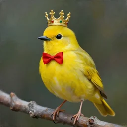 an elegant yellow bird wearing a crown and a red bow tie in the style of leonid afremov, very very beautiful, impressionism, high quality, detailed, 4k