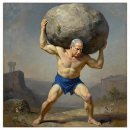 a painting of benjamin netanyahu as sisyphus, carrying boulder on shoulders, by franz stuck
