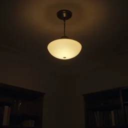 a view from below, dark cinematic light, furnished retro style room with a dim ceiling lamp, by millais