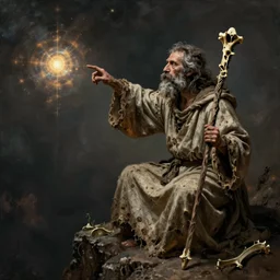 profile view, a necromancer on a cliff with a staff casts a spell that reveals the secret of life the universe and everything, dirty linen robes, staff of bones, grizzled bearded withered man by jessica rossier and hr giger