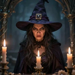 portrait of angry witch, candles, 4 k, sharp focus, intricate and ornate, octane render