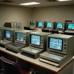 a large 1970's computing room with 9-track machines and glowing screens. by IBM by Amdahl.