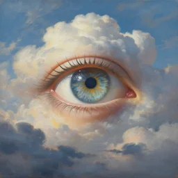 a beautiful painting of a single all-knowing eye in a cloudy sky, visionary art, beautiful colors