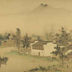 A serene landscape with a singular building in the style of  Zhang Zeduan.
