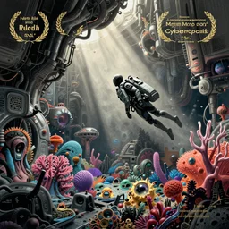 cyberpunk diver exploring a vibrant alien reef, Industrial Scifi, detailed illustration, Chiaroscuro, concept art, by Martin Grip and Moebius