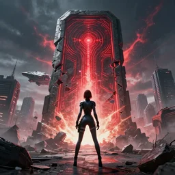 a girl wearing fitting suit standing front of a huge towering and broken stone tablet with red light + alien pattern + an abandoned spaceship, stands in the center of a prosperous city at the end of the world, and the power and energy is explode, secret, mysterious, doomsday, landscape, 2 4 mm lens, video game control, quantum break, arknights,