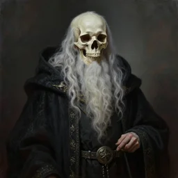 an elder lich with a magnificent robe, portrait, realistic skull, sinister atmospheric lighting. highly detailed painting by greg rutkowski.