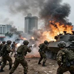 the us military attacking pyongyang, dramatic angle, intense scene