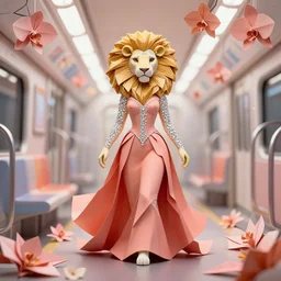 a beautiful anthropomorphic lionness woman made out of ceramic and diamonds wearing a flowing salmon colored paper dress, a futuristic subway stop made out of origami, paper origami, many origami orchid flowers, heavenly light, 3 d, very detailed, octane render, trending artstation, artgem