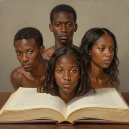 a painting of three brown men and a brown woman emerging out of a giant open book, hyperrealistic faces, detailed digital art, aesthetic!, trending on artstation, anatomically correct