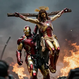 full shot photograph of jesus christ being carried by iron man on doomsday