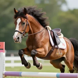 close up ground level shot, a rider on a ( my little pony ) as an appaloosa horse, the appaloosa jumping a over a hurdle, an appaloosa has a mane and tail like ( my little pony ), digital art, professional, high quality, 4 k, dof, bokeh, action