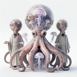 group of mankind species mages with big octopus heads and a lot of small translucent jellyfishes floating around inside an ancient mage castle hall colossal scale, gothic and baroque, brutalist architecture, ultradetailed, Intricate by Ellen Jewett and Josan Gonzalez and Giuseppe Arcimboldo
