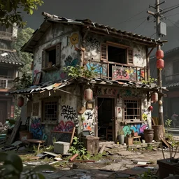 an intricate concept art of an abandoned asian street, a makeshift shack and graffiti, hyper detail, ultra realistic, style by dylan cole and artgerm, trending on artstation, cgsociety, 8 k, octane render, high contrast, 3 d render, cgi, cinematic lighting