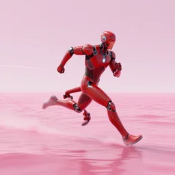 a man in red cybernetic suit running in mach 3 super speed on a serene pink ocean, water splash, tsunami behind him, speed blur, visually stunning, majestic, by wlop, james jean, ilya kuvshinov, ruan jia