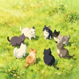 an assembly of cats meeting in a field, by studio ghibli 8 k pastel colours, isometric, six point perspective, drone shot, smeared watercolours, golden light, film grain