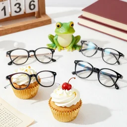 cupcake shaped glasses frames on a lazy little frog studying magic for wizard school