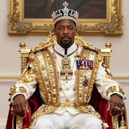 photo of dwanye the rock johnson sitting on queens throne royalty wearing royal mantle gold jewelry diamonds pearls jewels by alex ross
