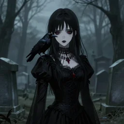 a gothic anime girl with a raven on her shoulder, haunting the pere lachaise cemetery, gloomy, trending on artstation