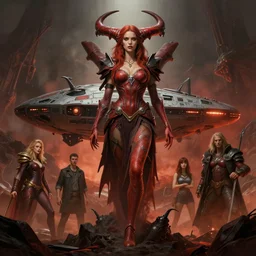 concept art, a beautiful highly detailed lady in hell with big spaceship in the center, realistic shaded lighting poster by ilya kuvshinov, magali villeneuve, artgerm, jeremy lipkin and michael garmash and rob rey