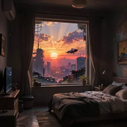 cyberpunk bedroom at night, dramatic light, sunset, sunrays, flying cars, cyberpunk city in the background, ruins, buildings, dystoptian, gorgeous view, depth, painted by caspar david friedrich, gateway, clouds, trending on artstation