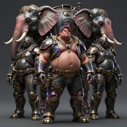 an intricately detailed ultra - realistic unreal engine 5 rendering of a full body front pose portrait of steampunk cyberpunk neon - bordered heavyset cyborg male models with a futuristic giant elephant robot, concept art, intricate details, eerie, highly detailed, photorealistic, octane render, 8 k uhd art by kilian eng