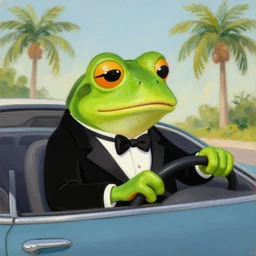 a frog in a tuxedo driving a car, oil painting, portrait, palm trees