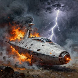 a roman spaceship, stuck in the ground, the spaceship is on fire, smoke, rainstorm, lightning, angry, kinetic, adolphe bouguereaum, norman rockwell, trending on artstation, highly detailed oil painting,