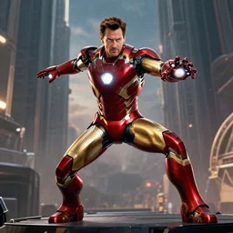 jim carrey in an iron man suit, cinematic lens, heroic pose, wide shot, from avengers endgame