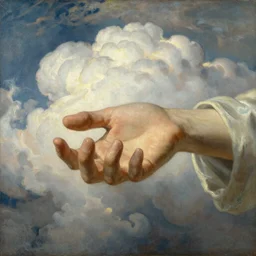 an awe-Inspiring Thomas cole painting of god’s hand appearing from behind a heavenly cloudscape as if it’s demand money