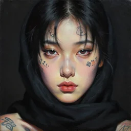 hyperrealism oil painting, close - up portrait fashion model face, tattoos all over the skin, wrapped in a black scarf, sad eyes, dark background, in style of classicism mixed with 8 0 s japanese sci - fi books art