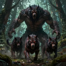 demonic hulking werewolves, red glowing eyes, hunting in the forest. in style of greg rutkowski and hyung - tae kim, trending on artstation, dark fantasy, great composition, concept art, highly detailed, dynamic pose, vibrant colours, epic, 8 k.