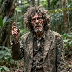 A feral deranged crazy psychiatrist in his natural habitat. He is in his forties and wearing a dirty torn suit. 4K, National Geographic photograph