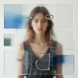 an abstract composition of different transparent materials, you can see a blurry woman behind it