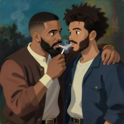 drake and the weeknd smoking by studio ghibli, brown skin, classical painting, digital painting, romanticism, vivid color, oil painting