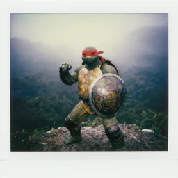 a badass turtle fighter with red bandana on his eyes, protectors on elbows and a shield made out of a turtle shell, on deep forest peak, cinematic focus, polaroid photo, vintage, soft lights, foggy, by oleg oprisco, by thomas peschak, by discovery channel, by victor enrich, by gregory crewdson