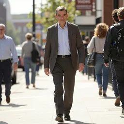 mr. bean walks down a street on a sunny day by lois dodd