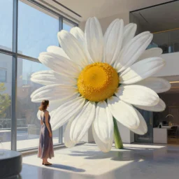 giant daisy flower head, woman in dress, standing next to modern window in luxury loft, surreal photography, sunlight, impressionist painting, digital painting, artstation, simon stalenhag