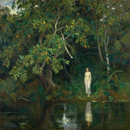 oil painting lanscape by anders zorn, jungle nature, fruit trees, very very very very beautiful art, dramatic light, water reflections, female model