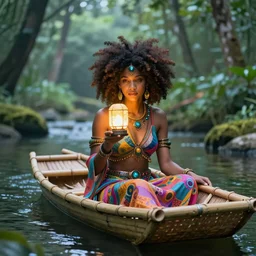 A beautiful portrait of one goddess in a bamboo boat floating in the forest river holding glowy lamp close to her face, afrofuturism style, vibrant bright cyberpunk color scheme, sharp, well focused, volumetric lighting, artstation HD, 8K