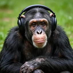 a chimpanzee with a pensive look, wearing headphones