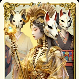 3 d goddess close - up profile portrait of a skeleton intricately carved and decorated, draped in diaphanous gilded fabric, holding a scepter with glowing gems + with mohawk with ram skull. beautiful intricately detailed + ornamented japanese crow kitsune mask and clasical japanese kimono. transcendent, vibrant color, clean linework, finely detailed, tarot card with ornate border frame, 4 k, trending on artstation, volumetric lighting, octane render